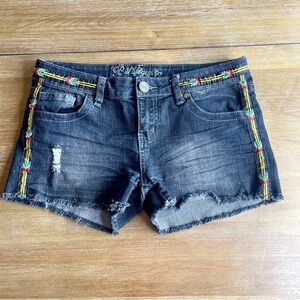 Bubblegum Dark Blue & Embroidered Mid Rise Raw Hem Denim Jean Shorts Sz 7/8